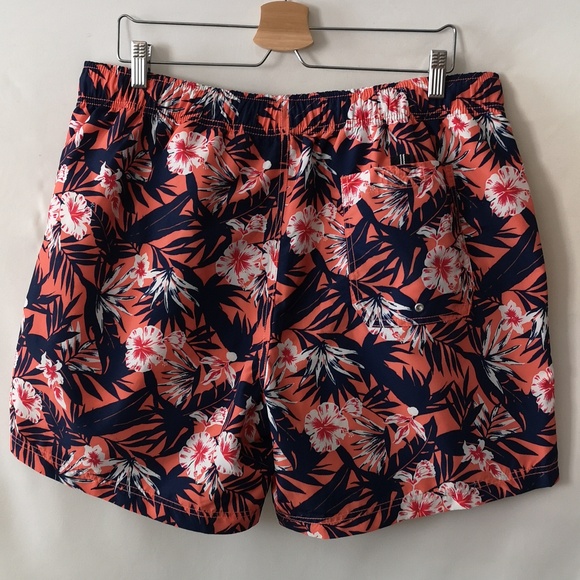 Men's Nautica Swim Shorts Blue & Orange Hawaiian Pattern 3 Pockets Elastic Large - Picture 2 of 3